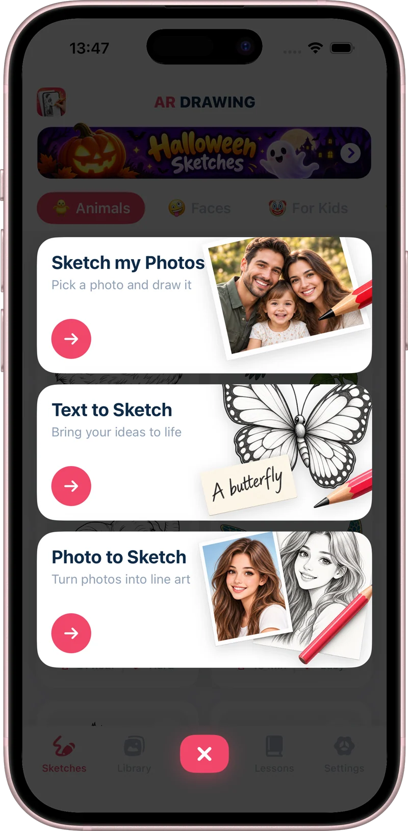 App creation menu with Sketch my Photos, Text to Sketch, and Photo to Sketch