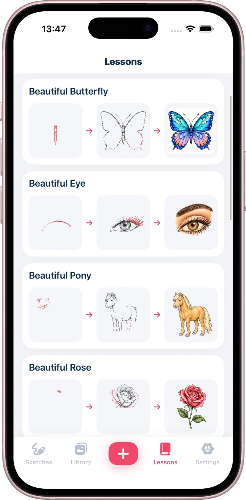 AR Drawing lesson library showing butterfly, eye, pony, and rose lessons
